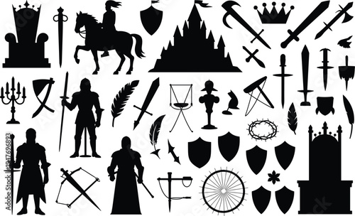 Medieval Knights Castle and Royal Iconography Silhouettes with Swords Shields and Thrones Keywords: knight silhouette horse rider silhouette castle silhouette crown silhouette sword