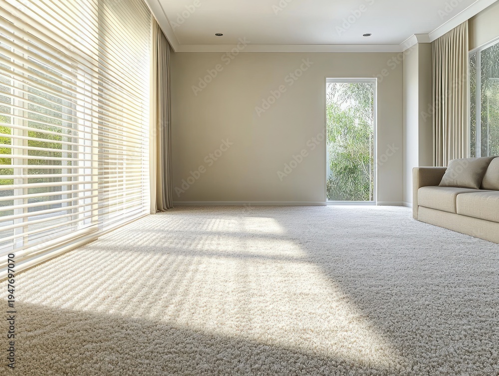Fototapeta premium sunlit minimalist living room with plush beige carpet, striped sunlight through blinds, neutral sofa and curtains, glass door showing green foliage, calm and serene atmosphere