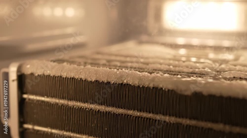 Close-up of refrigerator freezer coil with cooling elements inside fridge.