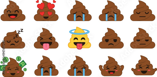 Funny poop emoji faces collection cute cartoon poop emoticons set with different emotions isolated flat vector illustration for stickers messaging design