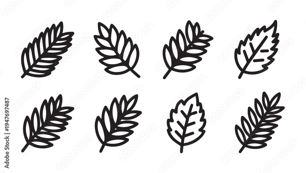 Fototapeta premium Collection of Black Outline Leaf Icons on White Background Simple Botanical Elements
