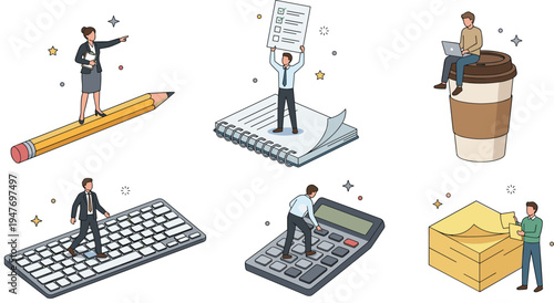 Business and Office Worker Character Set with Actions Like Working on Laptop, Writing, and Using Office Tools for Professional Concepts