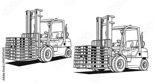 Two Forklifts Carrying Pallets of Goods in a Warehouse.