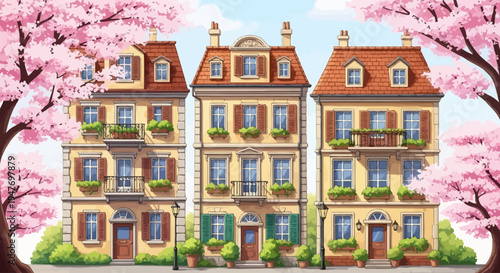 Charming European Townhouses with Pink Cherry Blossoms in Spring