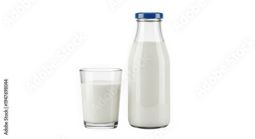 Glass milk bottle with small glass of milk on table isolated on transparent background