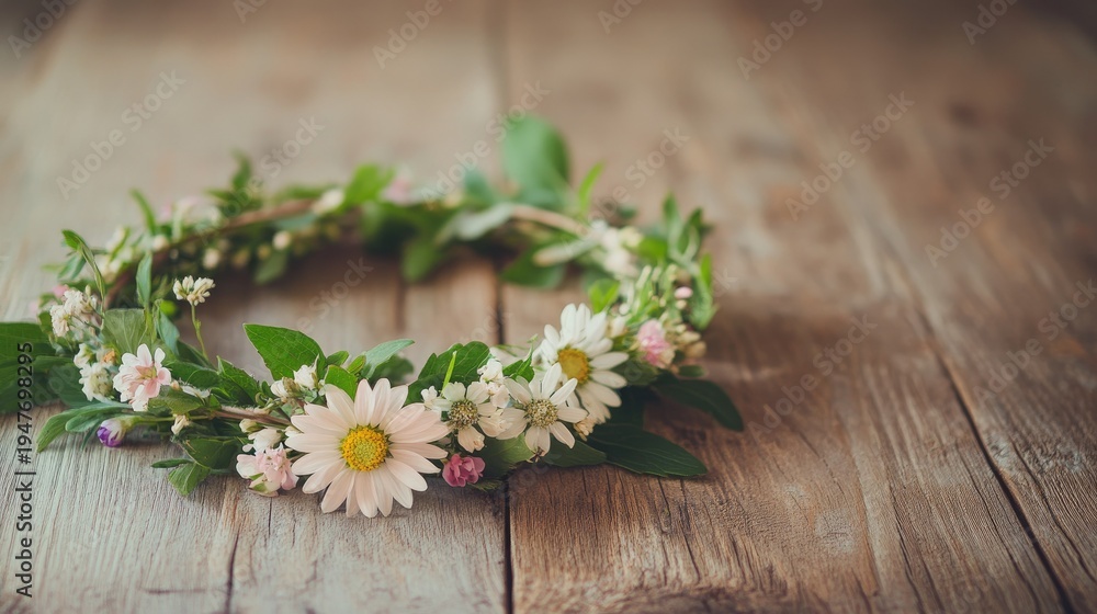 Obraz premium Beautiful hand-crafted flower crown made of blooming daisies and delicate greenery resting on a rustic wooden table with natural lighting