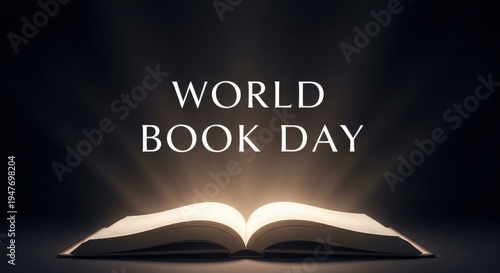 Open book with glowing pages and World Book Day text in white light