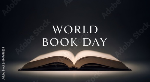 Open book with World Book Day text on dark background lettering