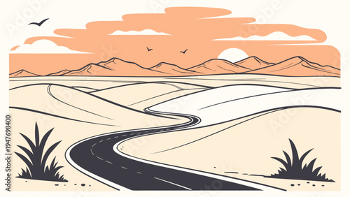 Minimal Desert Valley with Winding Road Vector Illustration