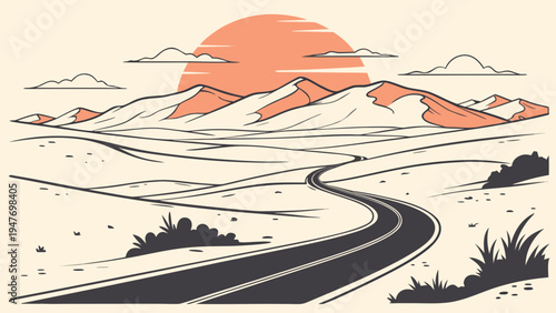 Minimal Desert Valley with Winding Road Vector Illustration