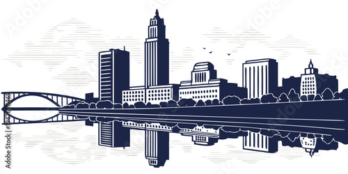 USA, US, U.S, United States - Omaha skyline with river reflections monochrome travel poster