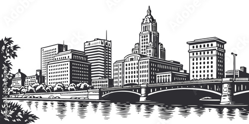 USA, US, U.S, United States - Providence skyline river reflections black and white poster 
