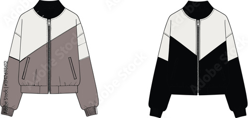 Bomber jacket fashion template, zip up streetwear outerwear apparel vector technical drawing front view design