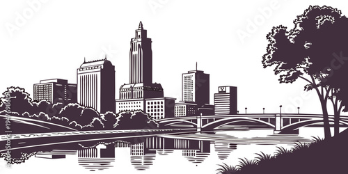 USA, US, U.S, United States - Omaha skyline with river reflections monochrome travel poster