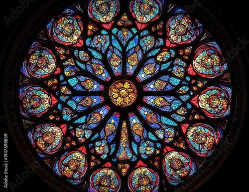 vibrant circular stained glass rose window with intricate floral radial patterns and luminous colors evoking awe