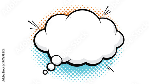 Empty comic style thought bubble on a colorful halftone background used for speech and internal dialogue in graphic designs.