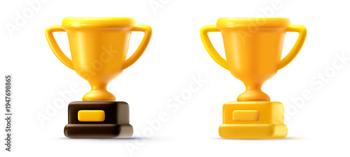 3d mesh gold trophy cups with different colored bases, set of realistic golden winners awards with pedestals. Vector illustration of icons for championship, achievement and success concept