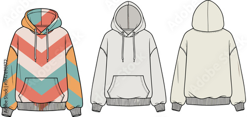Colorful hoodie sweatshirt template set, front and back streetwear fashion apparel vector technical drawing design