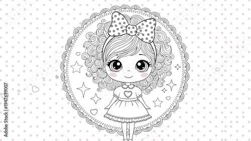 Adorable girl with curly hair and a large polka dot bow in a decorative frame for coloring book projects and activities.