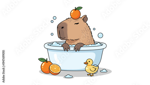 Relaxed capybara taking a warm bath in a white tub with citrus fruits and a cute yellow rubber ducky for company.