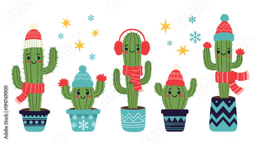 Collection of cute cactus characters wearing colorful winter hats and scarves to stay warm in the cold snowy weather.