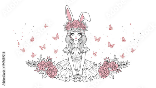 Elegant girl with bunny ears and a pink rose crown sitting gracefully among blooming garden flowers and butterflies.