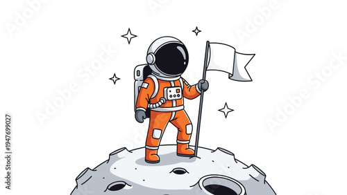 Brave astronaut in a bright orange space suit standing on the moon surface while holding a white flag of exploration.