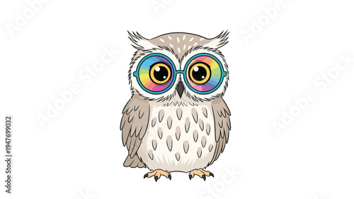 Wise owl character wearing vibrant rainbow colored round glasses looking curiously at the viewer in a flat design.