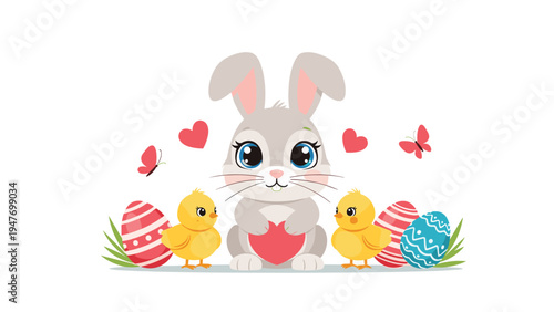 Easter bunny holding a big pink heart accompanied by yellow chicks and decorated eggs in a cheerful spring scene.