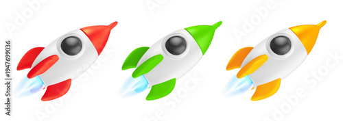 3d mesh rocket launch icons set with different colors, realistic spaceship with flame for startup development and business takeoff concept. Vector collection of realistic 3d mesh rockets launching