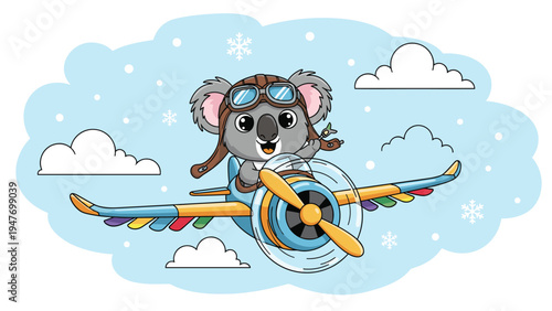 Adorable koala bear pilot flying a colorful propeller airplane through a bright blue sky with clouds and snowflakes.