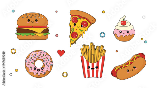 Set of cute kawaii fast food characters including burger, pizza slice, fries, hot dog, donut, and a sweet cupcake.