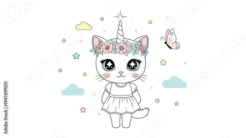 Adorable cat character dressed as a unicorn wearing a flower crown and a pink dress among stars and fluffy clouds.