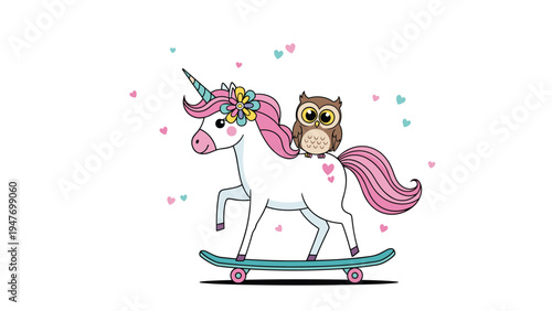 Magical unicorn with a pink mane riding a teal skateboard while a small brown owl perches on its back for the ride.