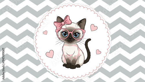 Elegant Siamese cat wearing pink glasses and a bow inside a decorative circular frame on a grey chevron background.