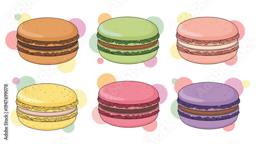 Assortment of six colorful macarons in delicious flavors like chocolate, pistachio, strawberry, and zesty lemon.