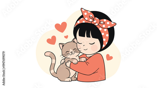 Sweet little girl with a red polka dot headband hugging her pet cat in a heartwarming scene with floating hearts.