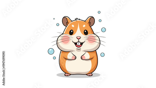 Adorable hamster character with chubby cheeks surrounded by floating blue bubbles on a clean white background.