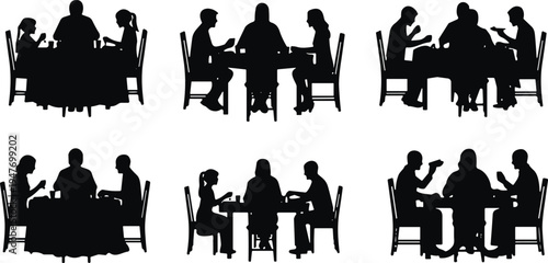 Family dinner silhouettes collection, people sitting together eating meal at table vector illustration set
