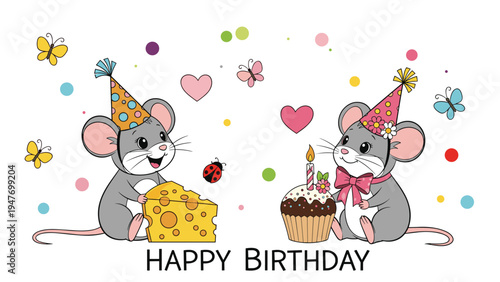Two adorable mice celebrating a birthday with a large piece of cheese and a cupcake under colorful confetti and butterflies greeting card art.