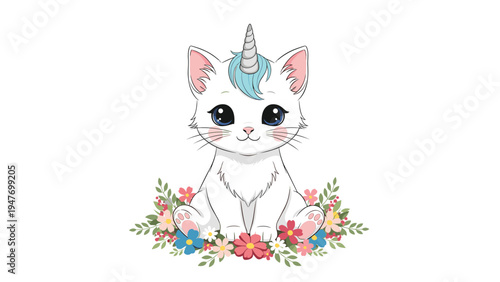 Enchanting white unicorn cat with a blue mane and horn sitting among colorful flowers against a plain white background nursery art illustration.