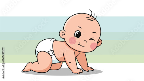 Adorable baby boy wearing a diaper crawling and winking while smiling on a light blue and green striped background illustration for parents.