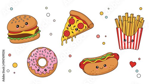 Cute kawaii fast food characters set including a smiling hamburger, pizza slice, french fries, hot dog, and a sprinkled donut on white background.