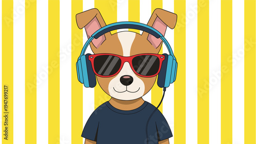 Stylized illustration of a cool brown dog wearing red sunglasses and blue headphones over a vibrant yellow and white striped background pattern.