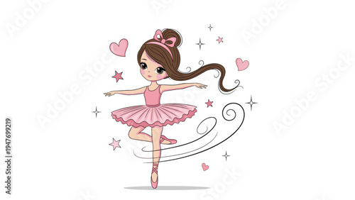 Graceful little ballerina girl in a pink tutu performing a dance move surrounded by hearts and stars in a whimsical children illustration art.