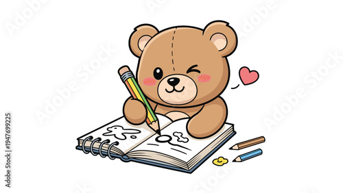 Cute brown teddy bear character winking and drawing in a spiral notebook with a colorful pencil on a white background children education art.