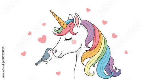Beautiful white unicorn with a rainbow mane and gold horn looking at a small blue bird surrounded by floating pink hearts nursery art print.