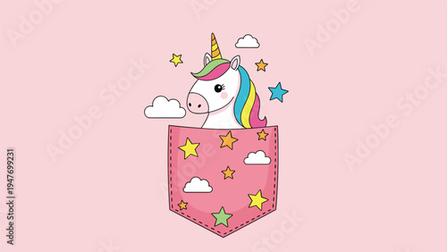 Small cute unicorn character with a rainbow mane peeking out of a pink pocket decorated with yellow and green stars and clouds for girl clothes.