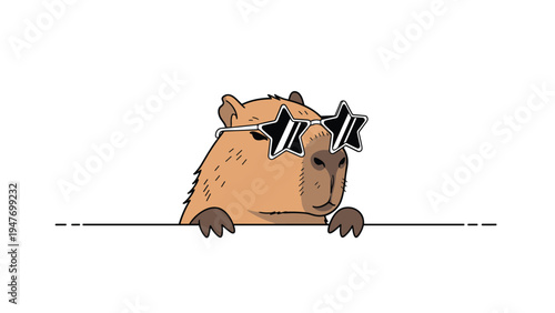 Cool capybara character wearing star shaped sunglasses peeking over a white edge in a minimalist and fun cartoon illustration for posters art.