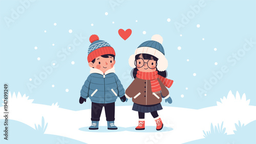 Cute boy and girl holding hands in a snowy winter landscape with falling snow and a red heart symbol for love and romance holiday greeting card.